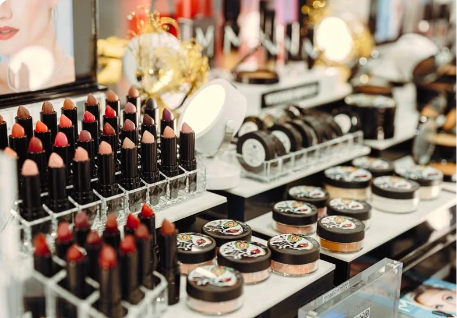 VooDoo Makeup display featuring lipsticks, complexion products, and clean beauty cosmetics in Katy, Texas.