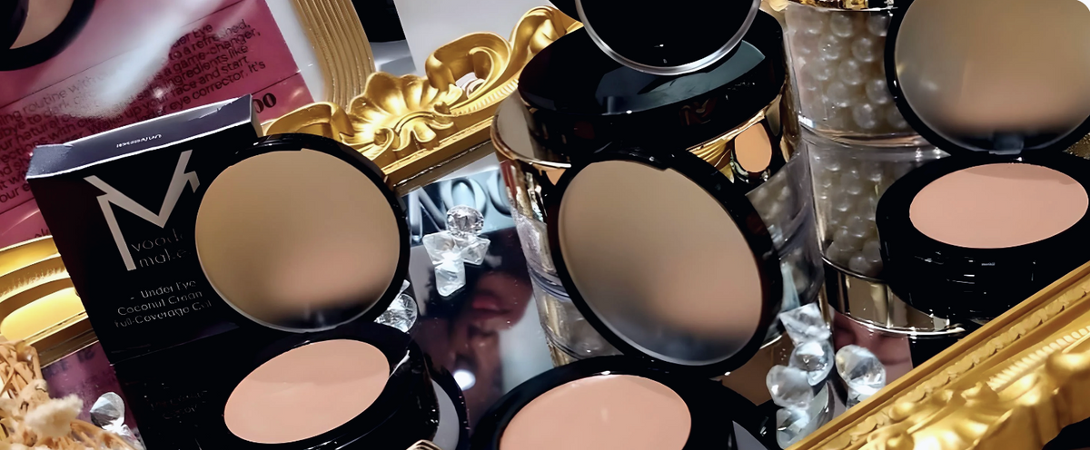 Voodoo Makeup complexion products and pressed face powders displayed in black compacts with gold accents in Katy, Texas.